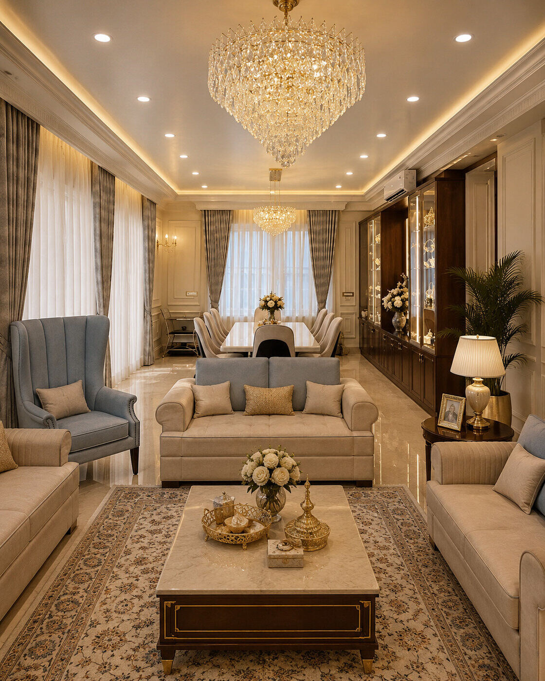 Luxury living room with crystal chandelier — INKA interior project Bengaluru